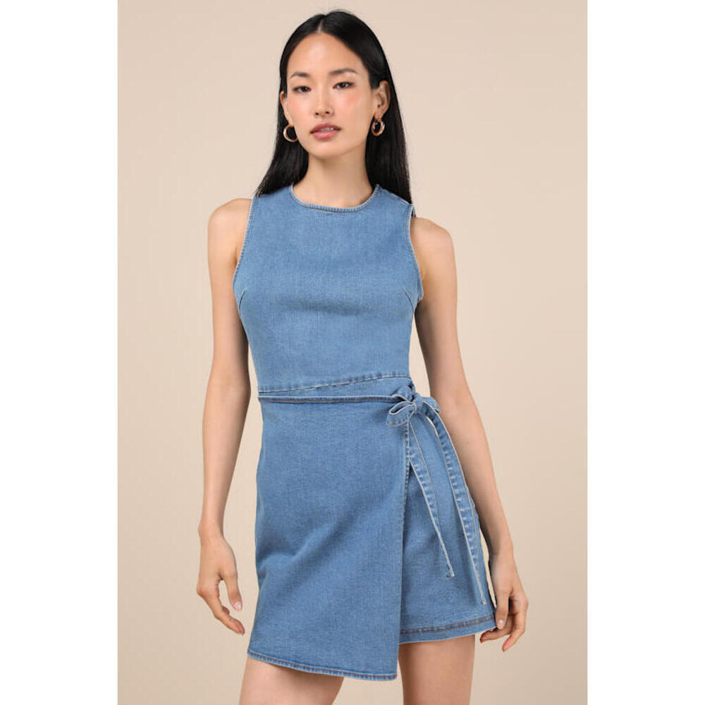 Lulus Albena Medium Wash Denim Sleeveless Mini Wrap Dress Blue - Size L
